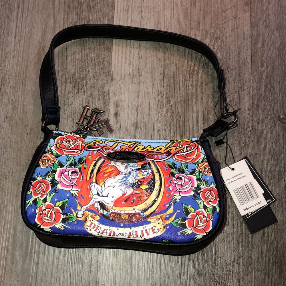 Ed Hardy Blue Multi Print Dead Or Alive Shoulder Bag Wristlet Rhinestones NWT